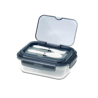 R08444 - Szklany lunch box ze sztućcami 1000 ml Lagos, czarny 